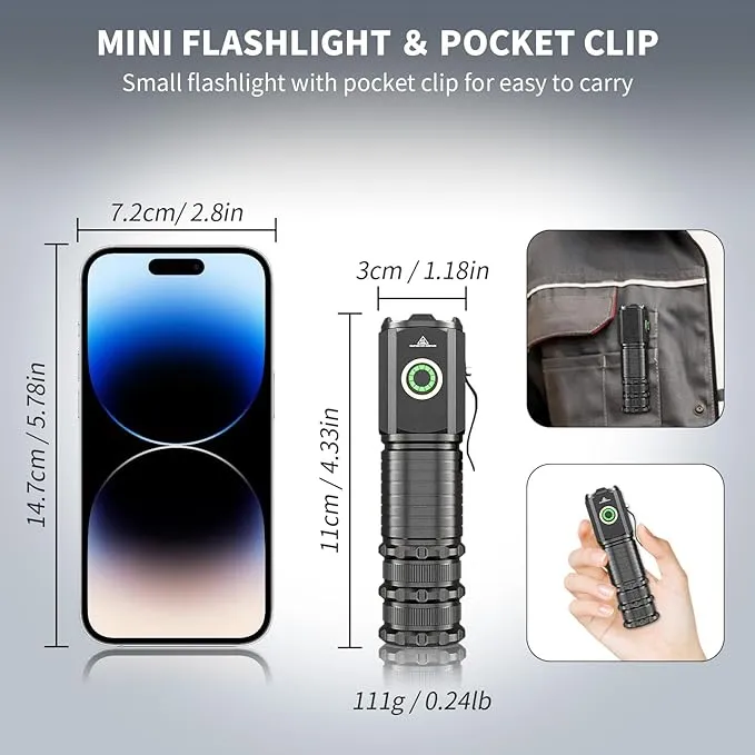 Wind&Moon Mini Flashlight Rechargeable,5000 Lumens Small Flashlights Powerful Pocket Flash Light with Clip,Magnetic EDC Flash-Light 5 Modes for Outdoor, Camping, Hiking, Emergency (2 Pack)