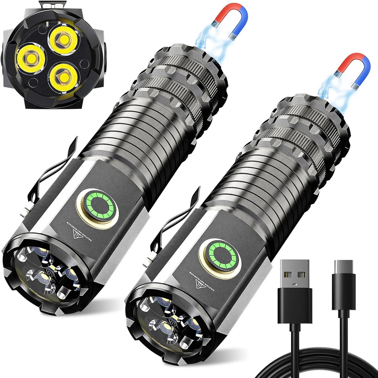 Wind&Moon Mini LED Flashlight Rechargeable, Small Bright High Lumens Powerful Pocket Flashlights with Clip, 5 Modes,Tactical Magnetic EDC Flash Light for Home,Car,Outdoor,Hiking, Emergency (2 Pack)