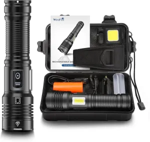 WINDFIRE Rechargeable Flashlight High Lumens, Super Bright Handheld Flashlight with COB Side Light and 7 Modes, Waterproof, Powerful LED Flashlights with Holster for Emergency Camping Gift
