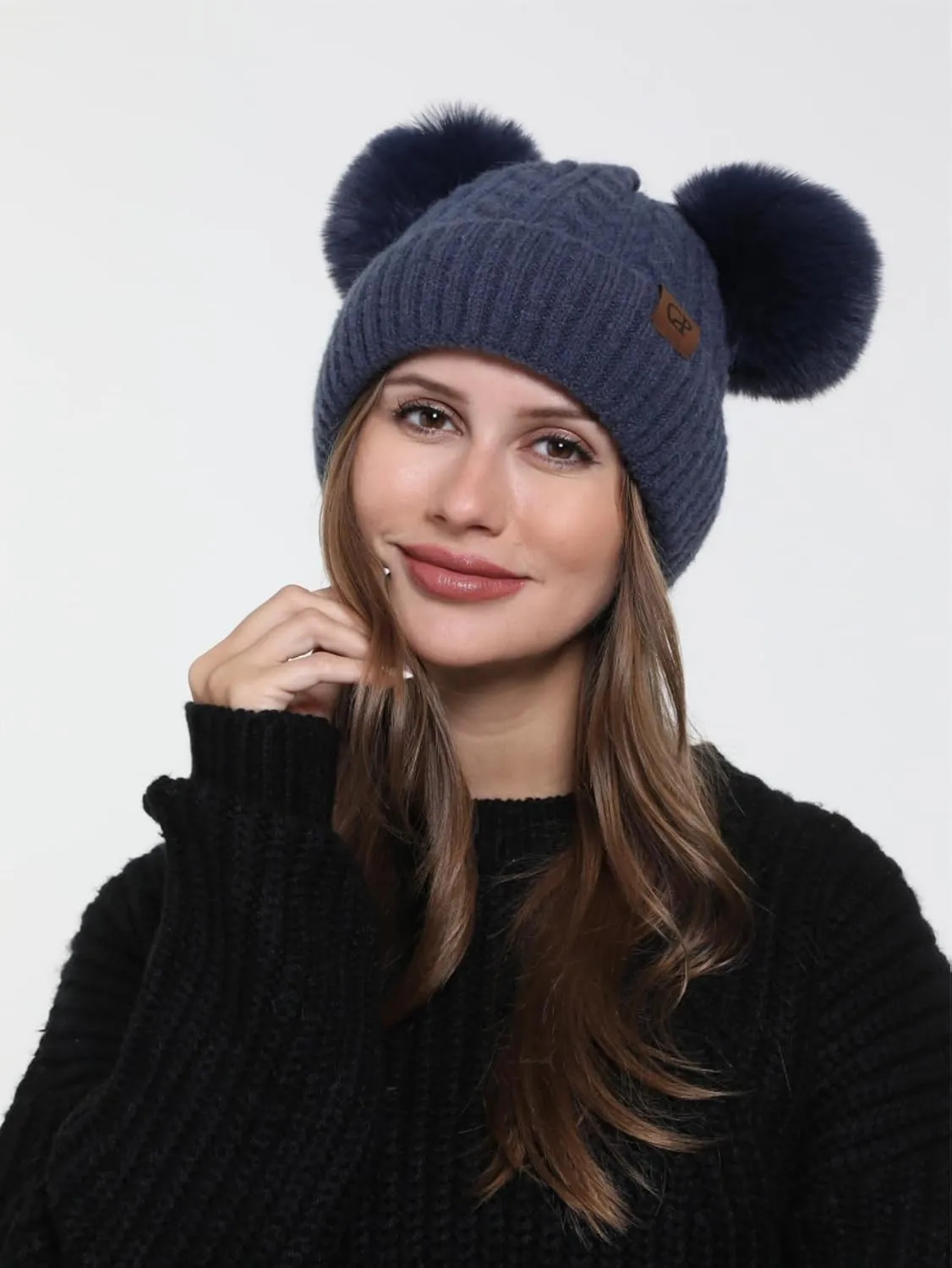 Women with Double Pom Pom Womens Winter Knitted Beanie Hat Womens Winter Knitted Beanie Hat
