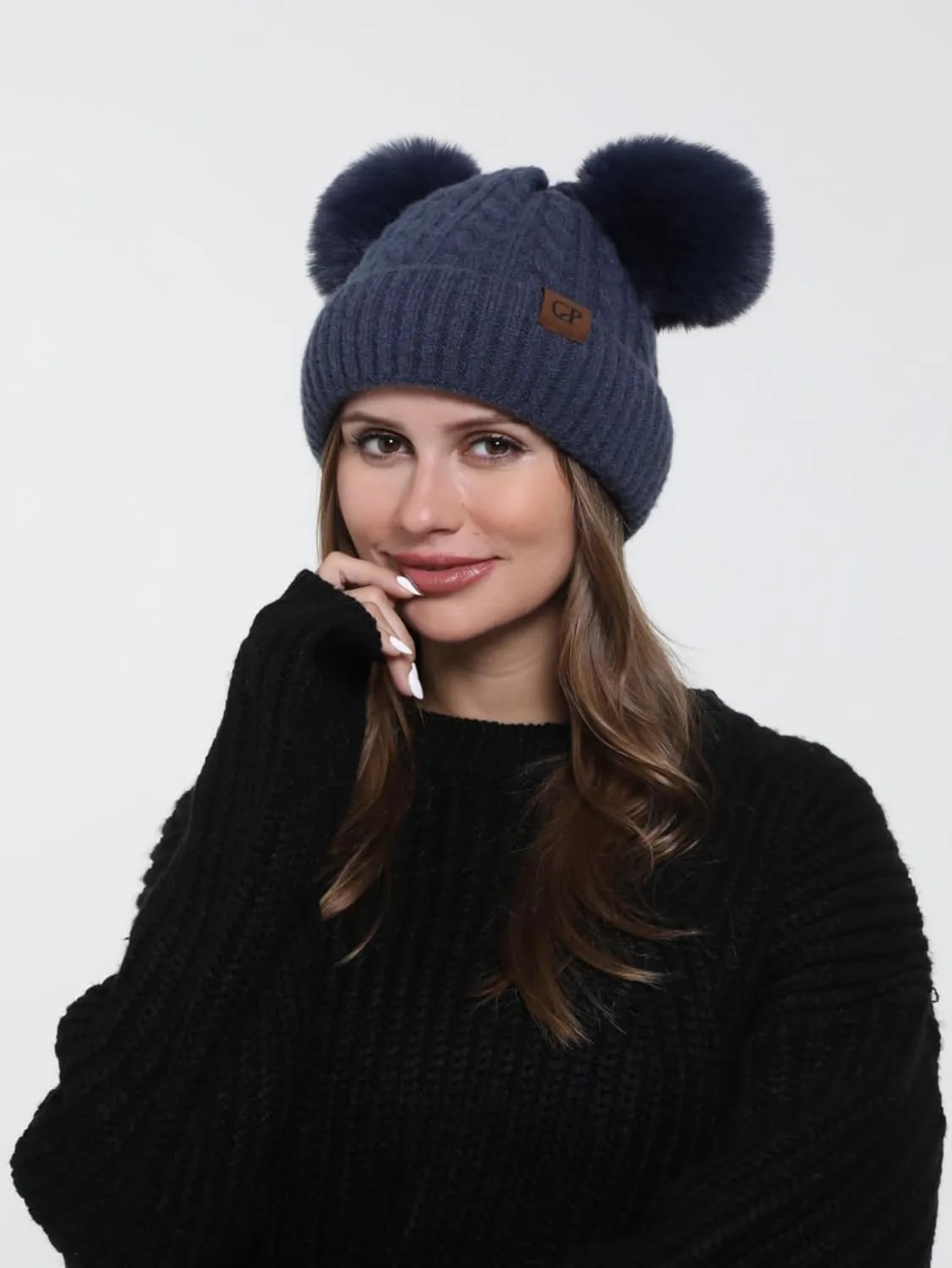 Women with Double Pom Pom Womens Winter Knitted Beanie Hat Womens Winter Knitted Beanie Hat