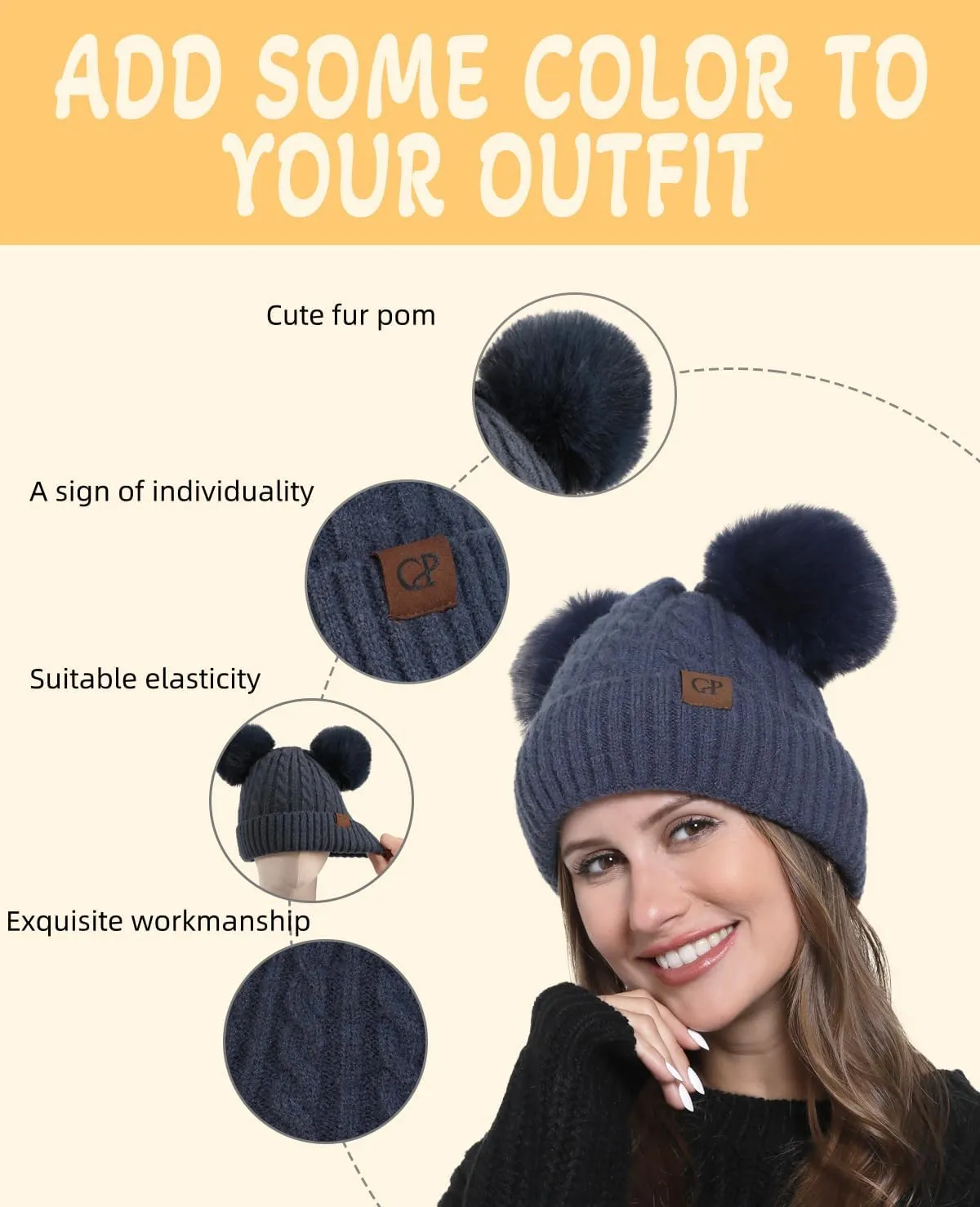 Women with Double Pom Pom Womens Winter Knitted Beanie Hat Womens Winter Knitted Beanie Hat
