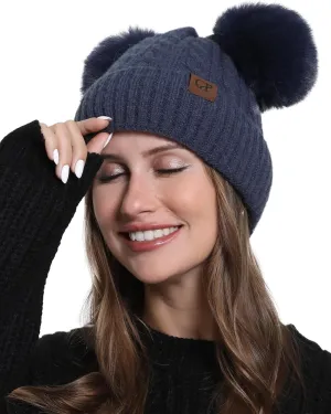 Women with Double Pom Pom Womens Winter Knitted Beanie Hat Womens Winter Knitted Beanie Hat