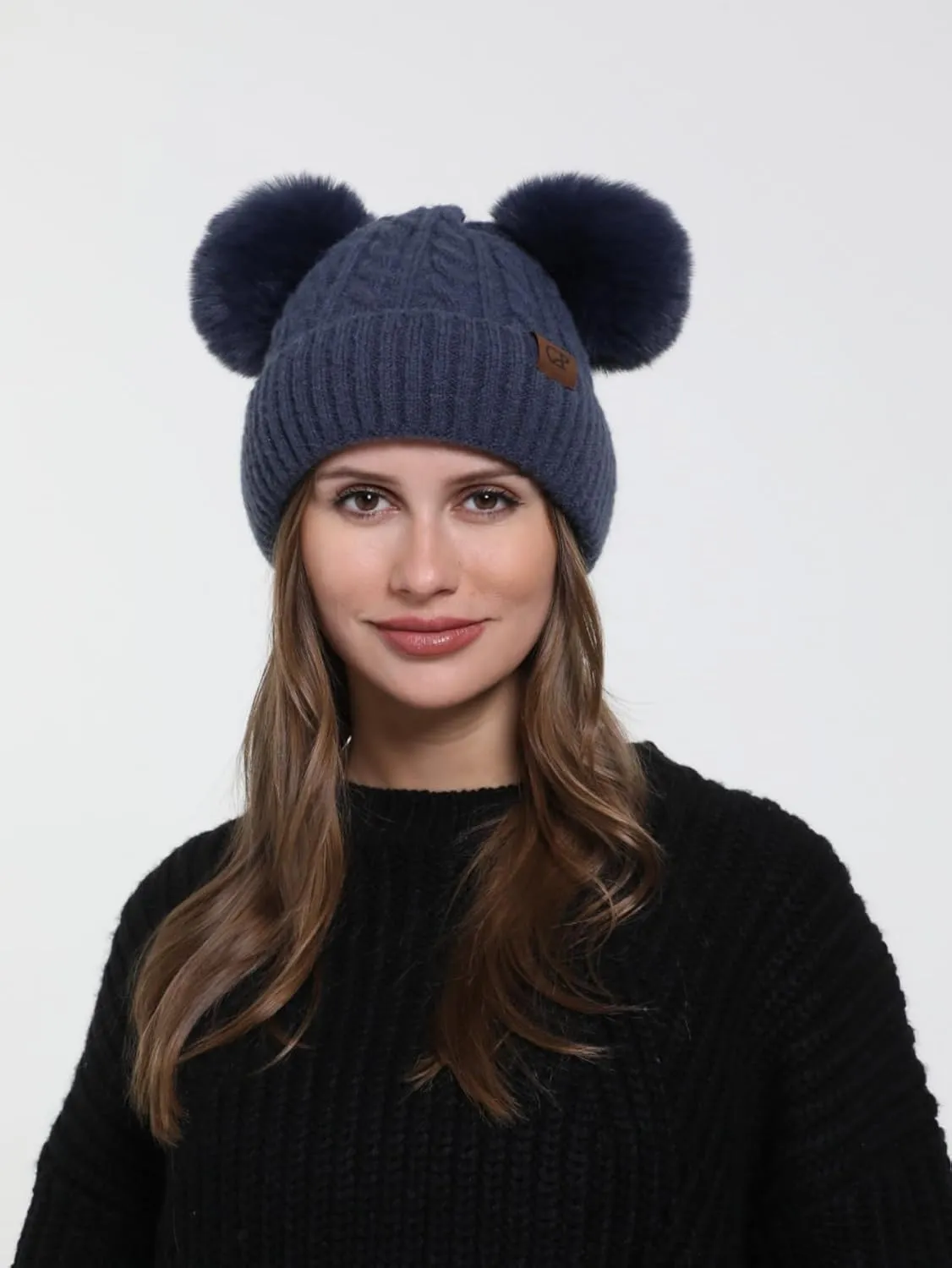 Women with Double Pom Pom Womens Winter Knitted Beanie Hat Womens Winter Knitted Beanie Hat