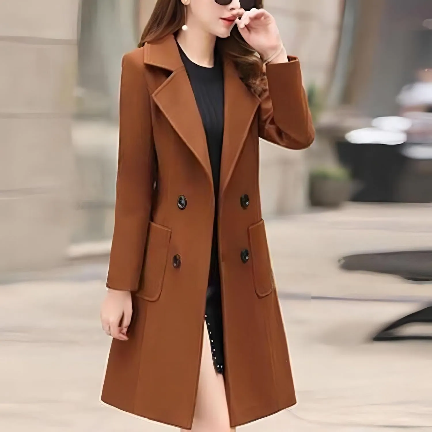 Women's Long Pea Coats Double Breasted Overcoat Fall Trench Coat Warm Elegant Thick Lapel Pocket Fashion Winter Coat