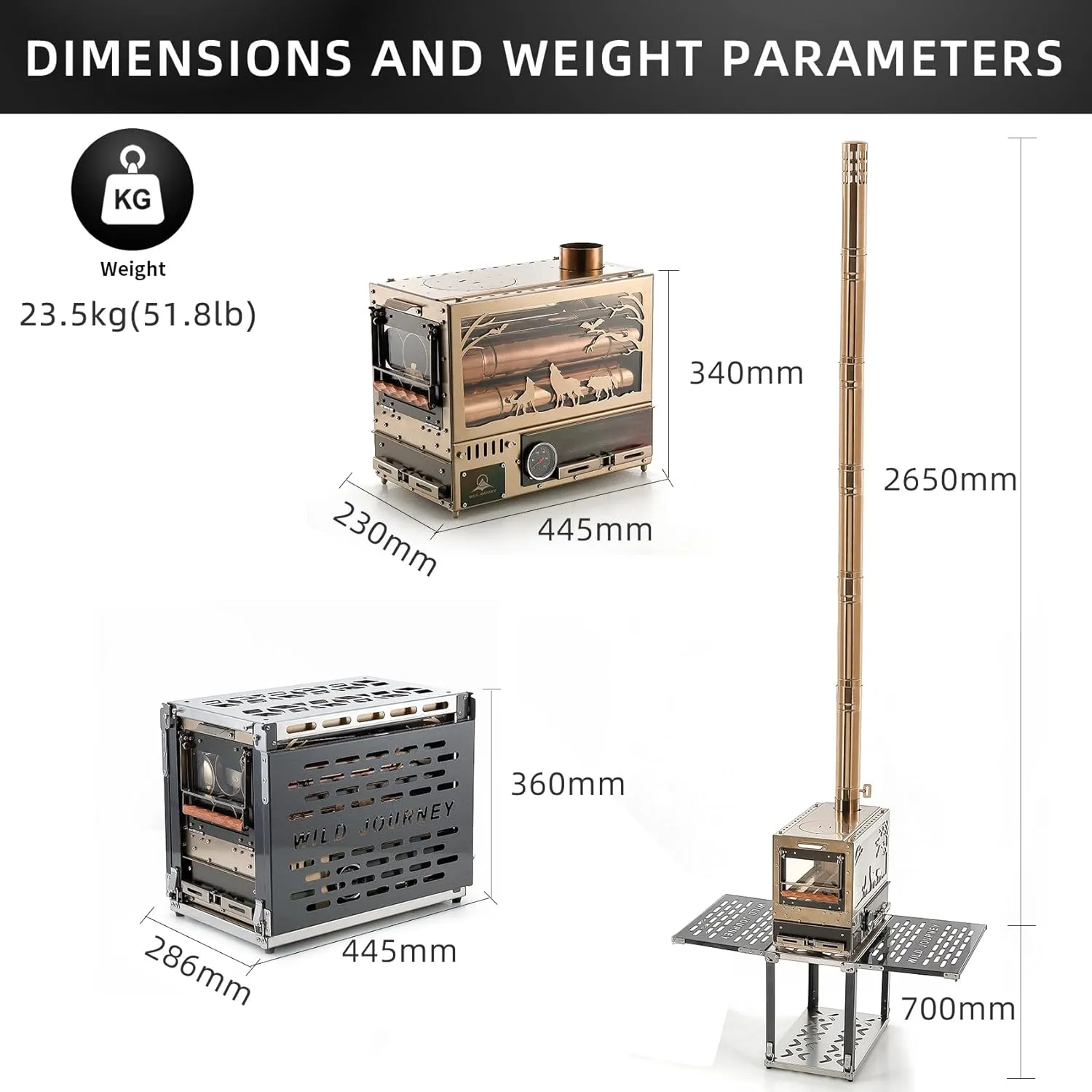Wood Burning Stove, Stainless Steel Portable Tent Stove with Pellet Burner, Stainless Steel Black Titanium Base, Camping Table and Oven, Including 6 Chimney Pipes and Spark Arrestor, Rose Gold