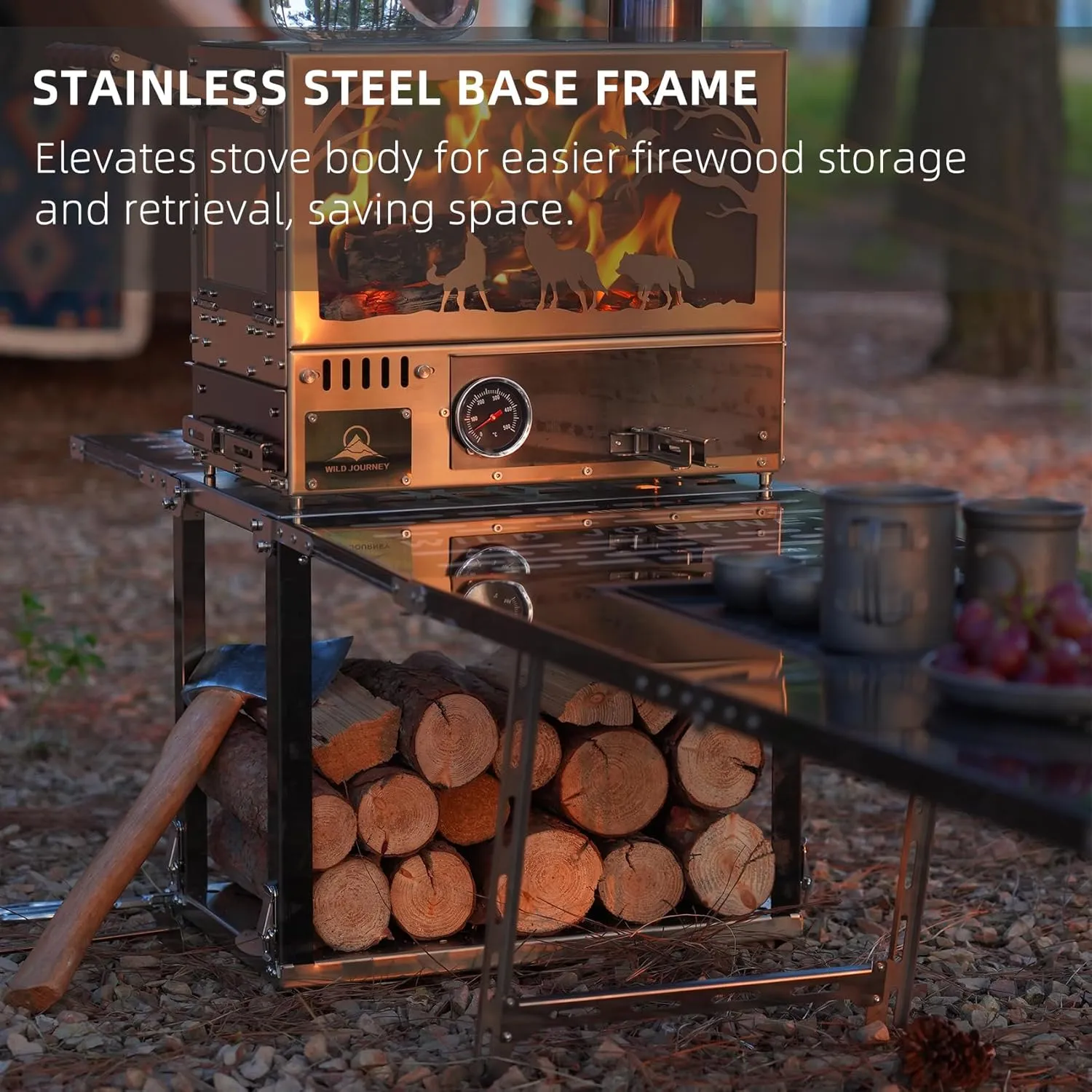 Wood Burning Stove, Stainless Steel Portable Tent Stove with Pellet Burner, Stainless Steel Black Titanium Base, Camping Table and Oven, Including 6 Chimney Pipes and Spark Arrestor, Rose Gold