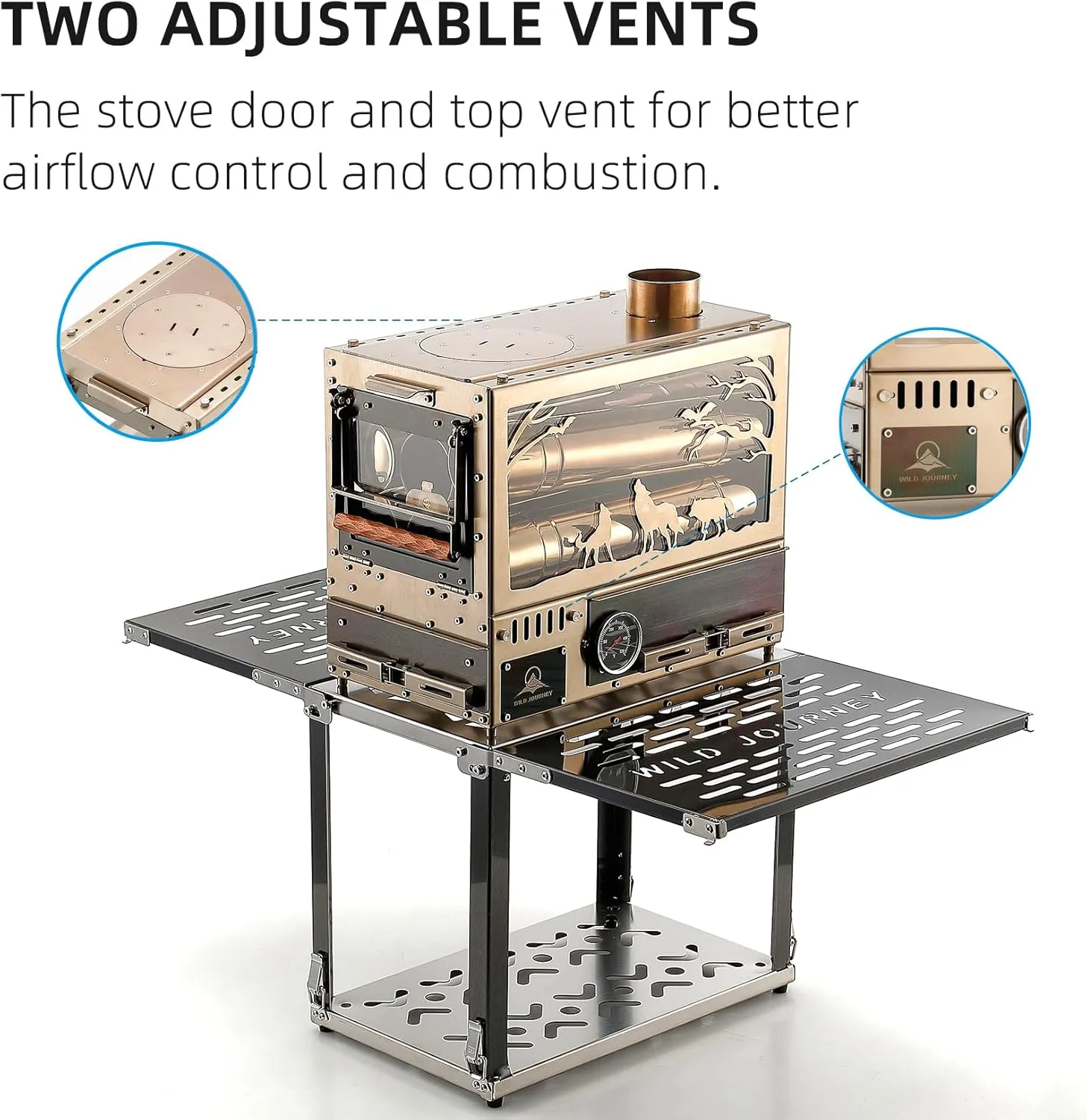 Wood Burning Stove, Stainless Steel Portable Tent Stove with Pellet Burner, Stainless Steel Black Titanium Base, Camping Table and Oven, Including 6 Chimney Pipes and Spark Arrestor, Rose Gold