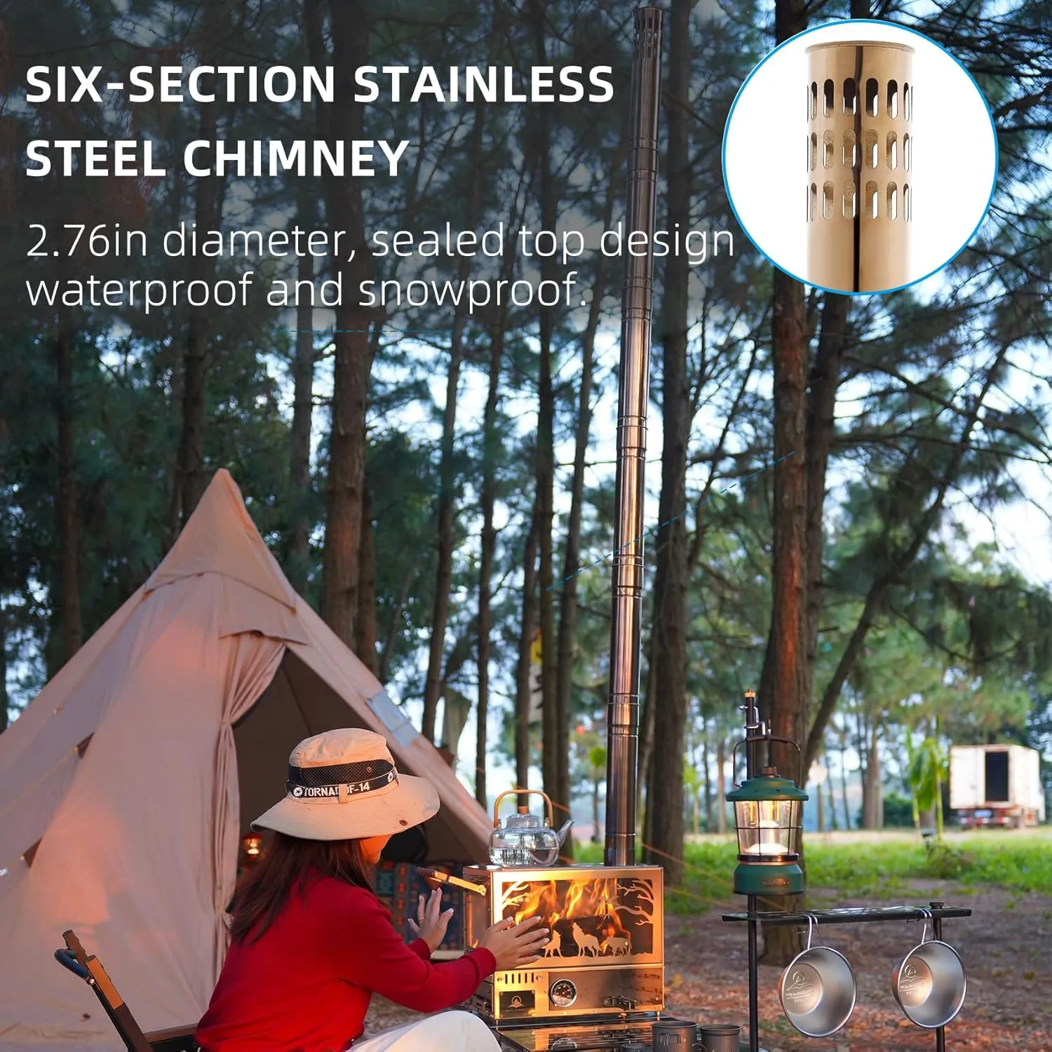 Wood Burning Stove, Stainless Steel Portable Tent Stove with Pellet Burner, Stainless Steel Black Titanium Base, Camping Table and Oven, Including 6 Chimney Pipes and Spark Arrestor, Rose Gold
