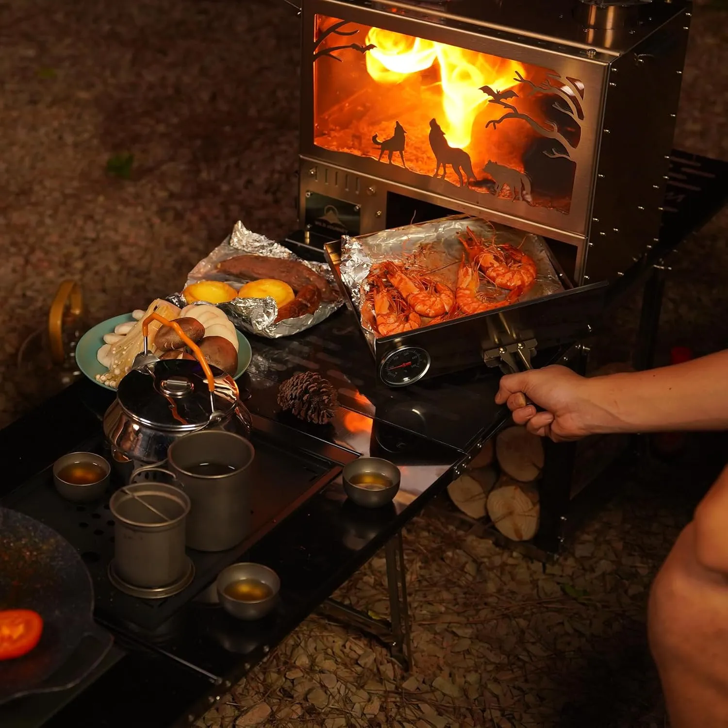 Wood Burning Stove, Stainless Steel Portable Tent Stove with Pellet Burner, Stainless Steel Black Titanium Base, Camping Table and Oven, Including 6 Chimney Pipes and Spark Arrestor, Rose Gold