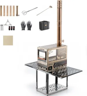 Wood Burning Stove, Stainless Steel Portable Tent Stove with Pellet Burner, Stainless Steel Black Titanium Base, Camping Table and Oven, Including 6 Chimney Pipes and Spark Arrestor, Rose Gold