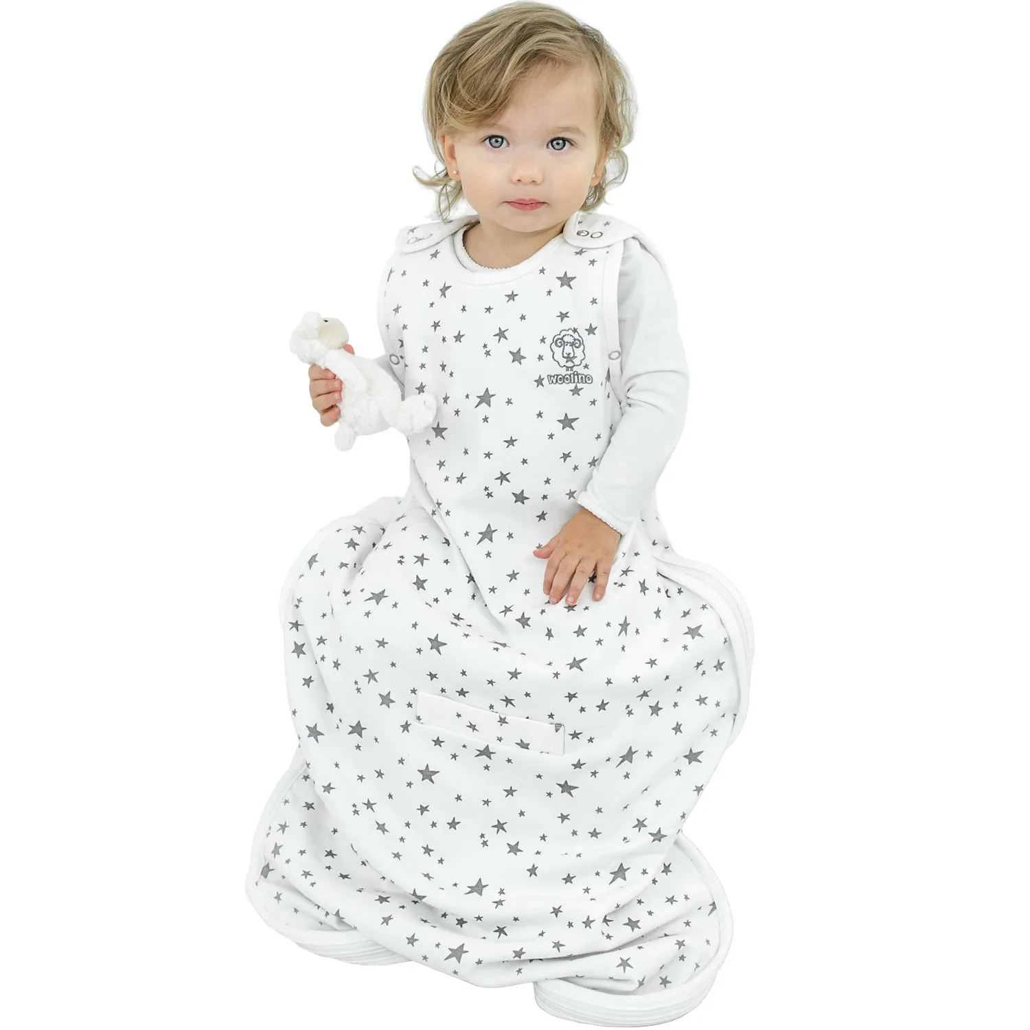 Woolino 4 Season Ultimate Baby Sleeping Bag - Merino Wool and Organic Cotton - Universal Size Adjustable Sleep Sack for Baby - Two-Way Zipper Sleeping Bag (2-24 Months) - Stars White