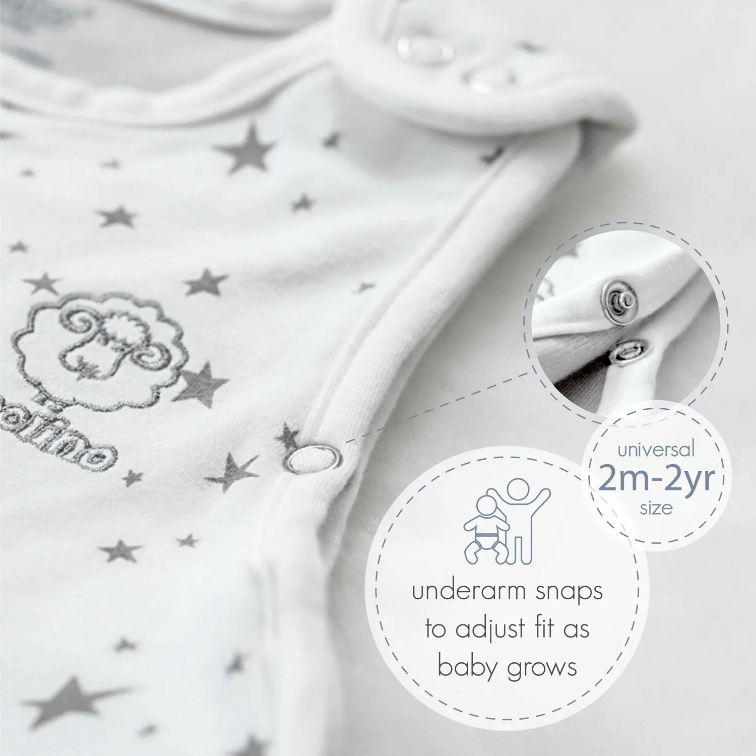 Woolino 4 Season Ultimate Baby Sleeping Bag - Merino Wool and Organic Cotton - Universal Size Adjustable Sleep Sack for Baby - Two-Way Zipper Sleeping Bag (2-24 Months) - Stars White