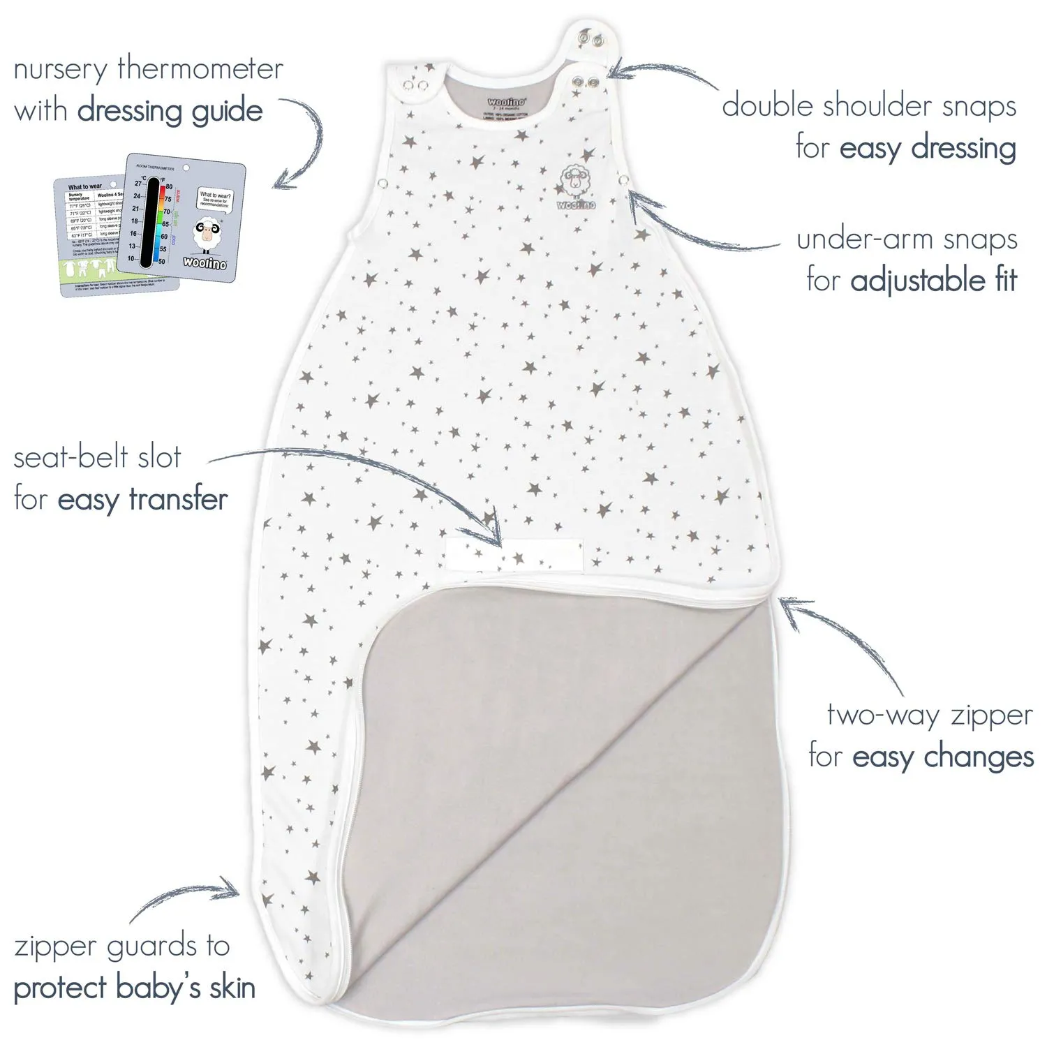 Woolino 4 Season Ultimate Baby Sleeping Bag - Merino Wool and Organic Cotton - Universal Size Adjustable Sleep Sack for Baby - Two-Way Zipper Sleeping Bag (2-24 Months) - Stars White