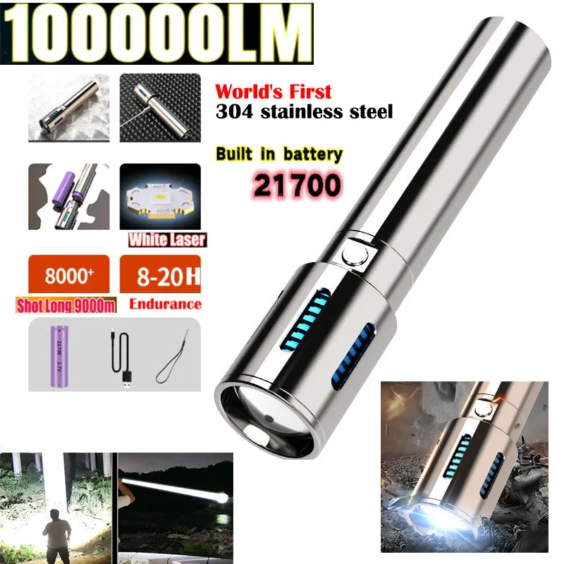 World's First High-grade Stainless Steel 100000Lumens White Laser Tactical Flashlight With 21700 Tesla Li-ion Battery 8-20 Hours High Endurance 9000M Long shot Waterproof