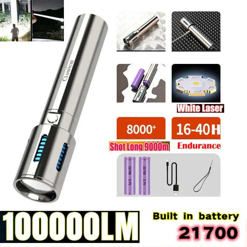 World's First High-grade Stainless Steel 100000Lumens White Laser Tactical Flashlight With 21700 Tesla Li-ion Battery 8-20 Hours High Endurance 9000M Long shot Waterproof