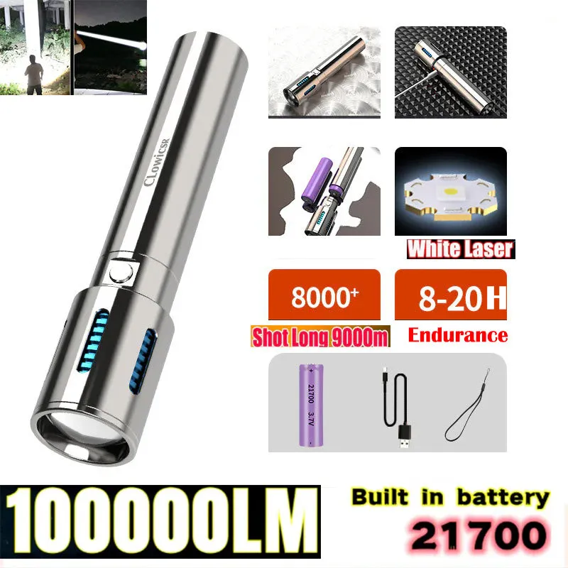 World's First High-grade Stainless Steel 100000Lumens White Laser Tactical Flashlight With 21700 Tesla Li-ion Battery 8-20 Hours High Endurance 9000M Long shot Waterproof