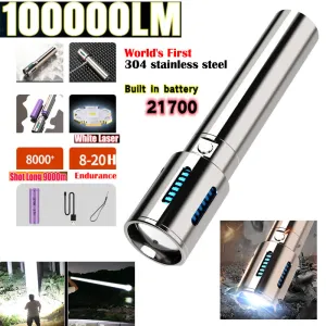 World's First High-grade Stainless Steel 100000Lumens White Laser Tactical Flashlight With 21700 Tesla Li-ion Battery 8-20 Hours High Endurance 9000M Long shot Waterproof