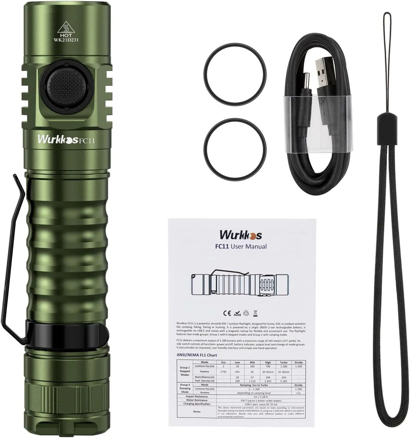 Wurkkos FC11 LED Flashlight High 90CRI Ultra Bright Max 1300Lumen EDC Torch USB C Charge,IP67 Waterproof Flashlight,Magnetic Tailcap,Great for Indoor/Outdoor Activities (FC11-Green-5000K)
