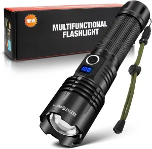 XLENTGEN Flashlights High Lumens Rechargeable, 20000 Lumens XHP70 Super Bright Flashlight with 5 Modes Zoomable & LCD Digital Display Flashlights for Home Camping Hiking Walking