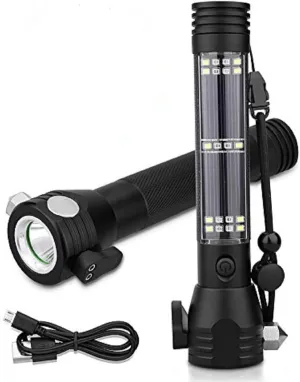 XREXS Solar Powered LED Car Flashlight Multi-Function Solar Escape Rescue Flashlight, USB Charger and Solar Charger, Portable Flashlight for Hiking, Camping, Traveling