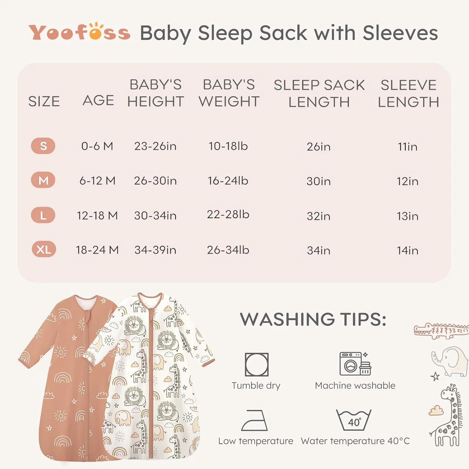 Yoofoss Baby Sleep Sack 0-6 Months Long Sleeve Wearable Blanket Baby 100% Organic Cotton 2-Way Zipper 0.5 Tog Newborn Sleeping Sack, Lightweight(Small)