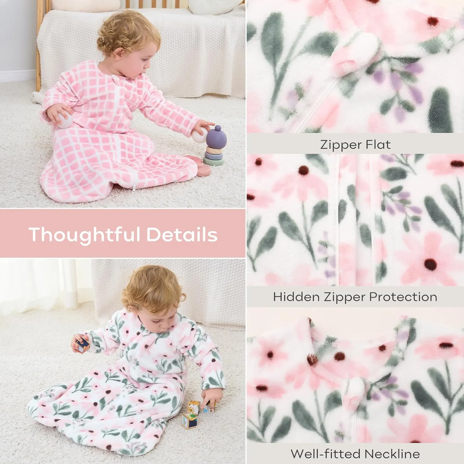 Yoofoss Long Sleeve Fleece Baby Sleep Sack 18-24 Months, 2 Pack TOG 1.5 Baby Wearable Blanket with 2-Way Zipper, Toddler Sleeping Sack, Soft Warm