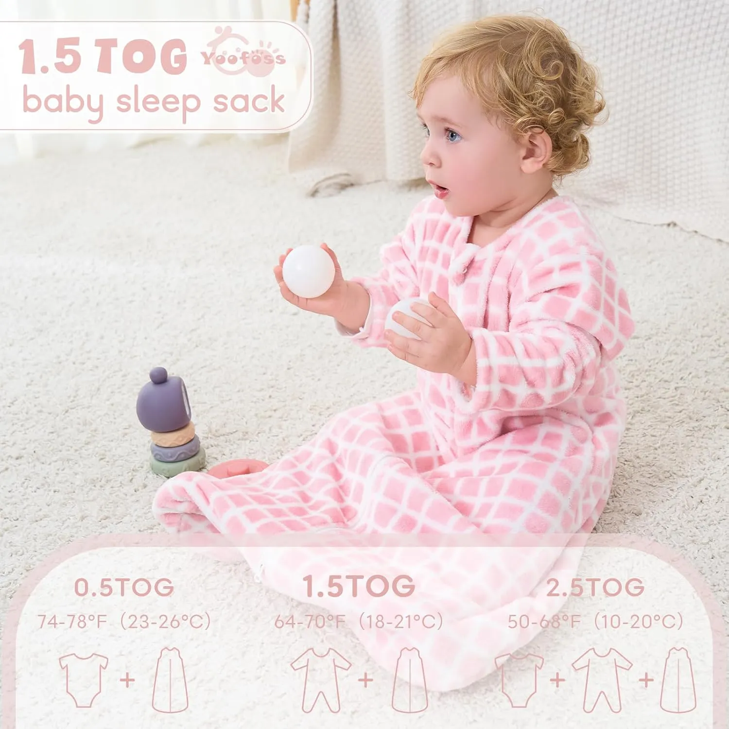 Yoofoss Long Sleeve Fleece Baby Sleep Sack 18-24 Months, 2 Pack TOG 1.5 Baby Wearable Blanket with 2-Way Zipper, Toddler Sleeping Sack, Soft Warm