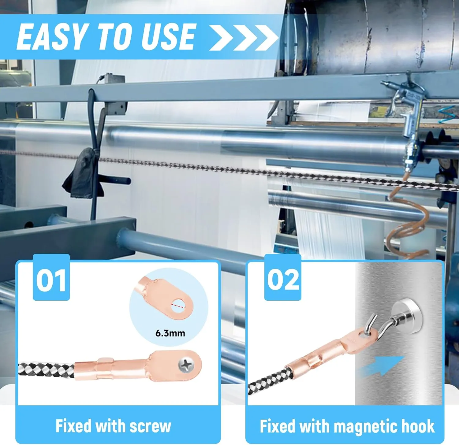 YUCHENGTECH Anti Static Copper Rope O.D.8mm 32FT Anti Static Cord Static Eliminator Static Electricity Remover Industrial for Laminating Machine Printing Machine Film Machine (32FT)