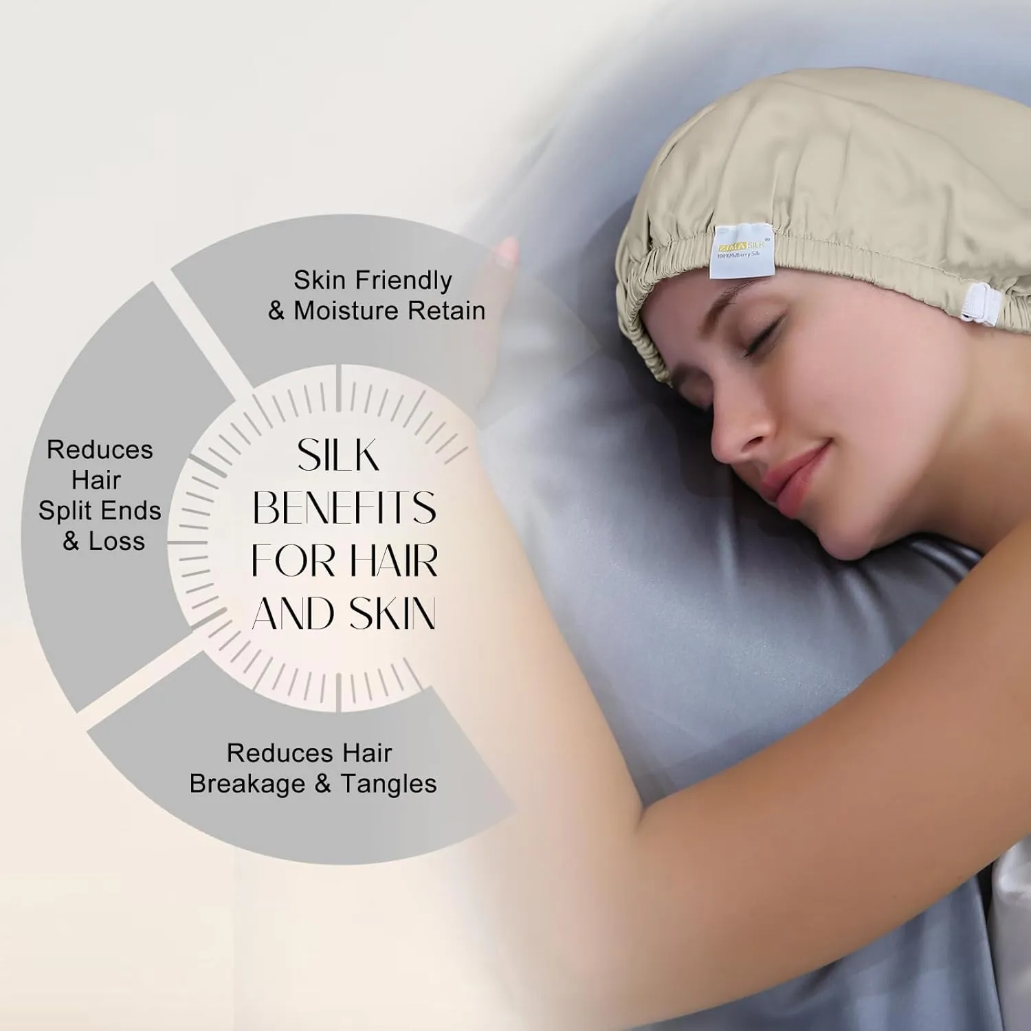 ZIMASILK 100% Mulberry Silk Bonnet for Sleeping Women Long Hair Double Layer Wrap with Adjustable Band Natural Silk Bonnet for Care Stay On Head (1Pc, Beige)