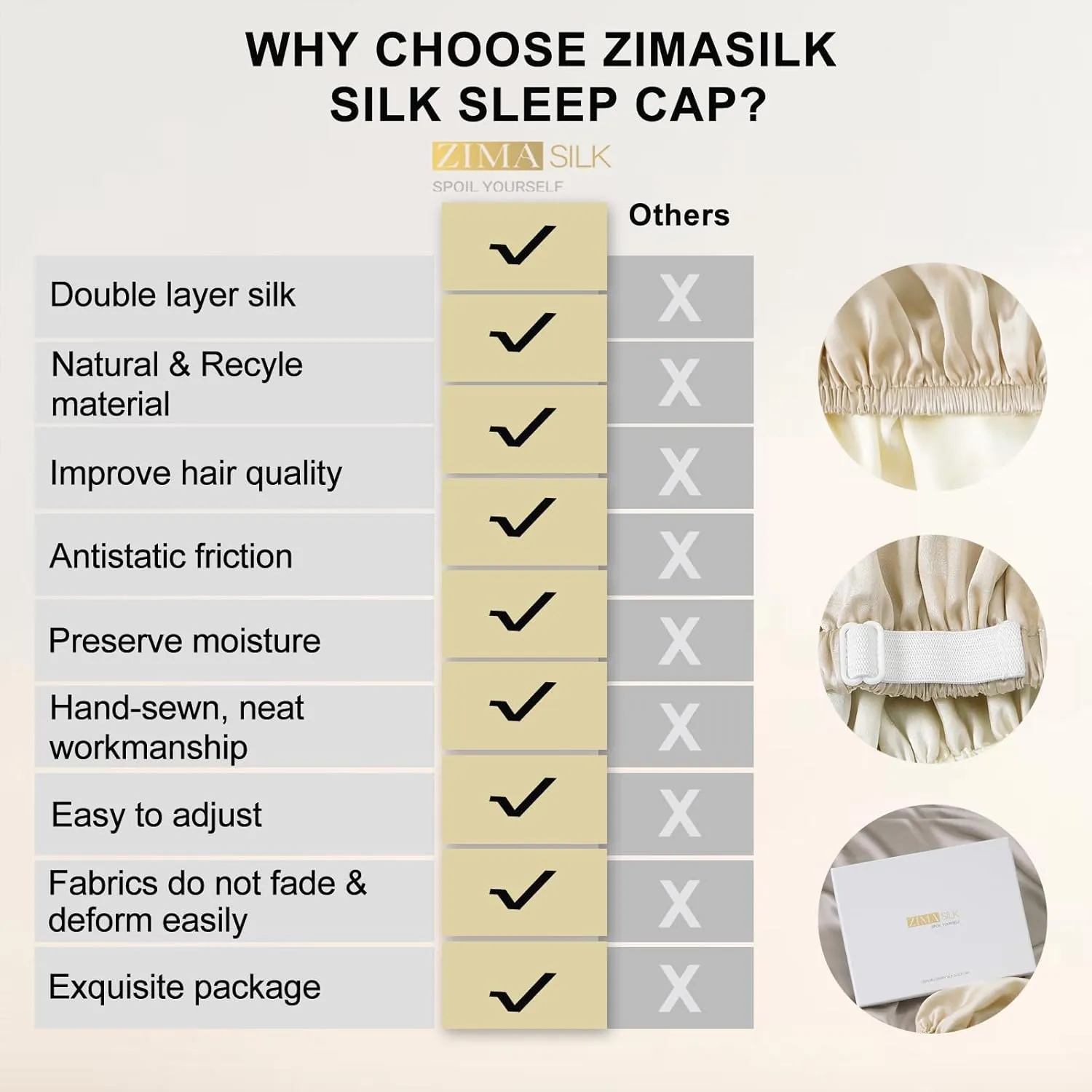 ZIMASILK 100% Mulberry Silk Bonnet for Sleeping Women Long Hair Double Layer Wrap with Adjustable Band Natural Silk Bonnet for Care Stay On Head (1Pc, Beige)