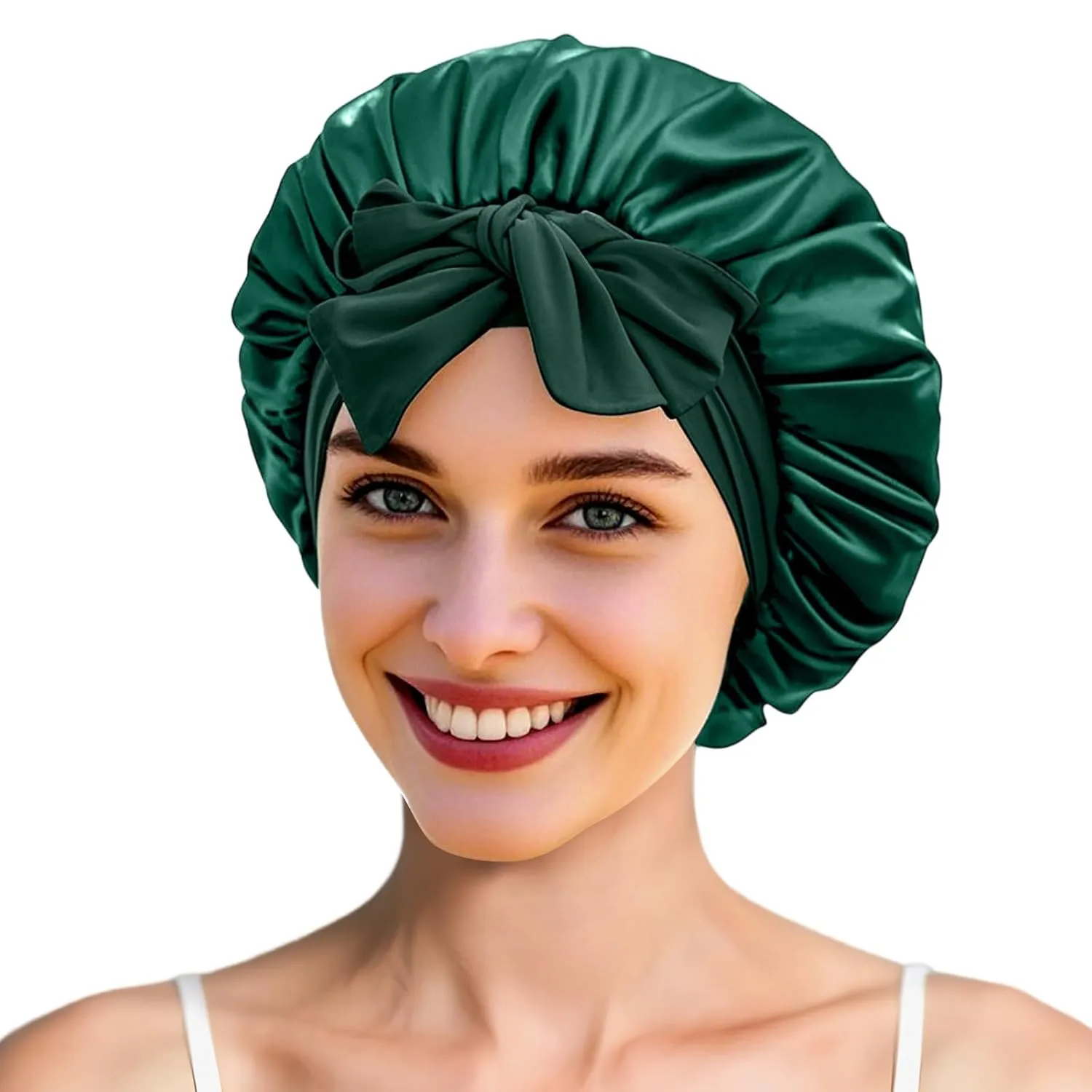 ZIMASILK 22 Momme 100% Mulberry Silk Bonnet for Sleeping Women Double Layer Silk Hair Wrap with Tie Band Stay On Head for Curly Hair Care (1Pc, Blackishgreen)