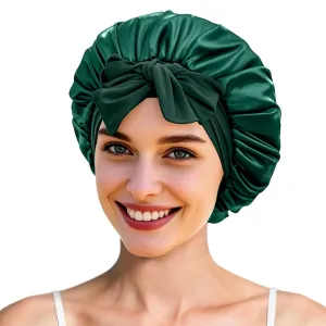 ZIMASILK 22 Momme 100% Mulberry Silk Bonnet for Sleeping Women Double Layer Silk Hair Wrap with Tie Band Stay On Head for Curly Hair Care (1Pc, Blackishgreen)