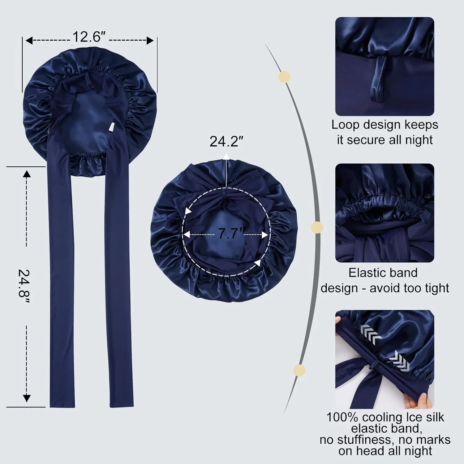 ZIMASILK 22 Momme 100% Mulberry Silk Bonnet for Sleeping Women Double Layer Silk Hair Wrap with Tie Band Stay On Head for Curly Hair Care (1Pc, Navyblue)