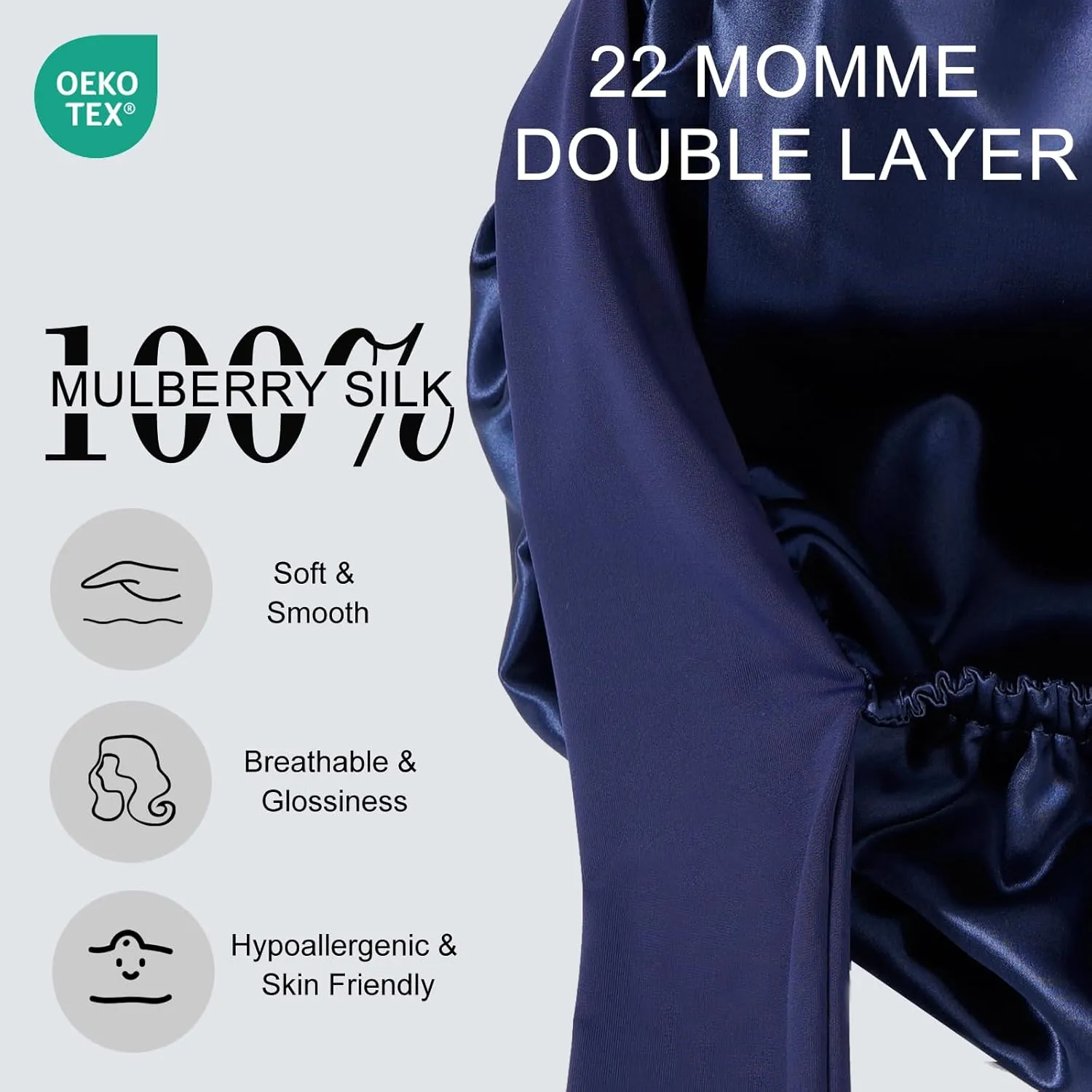ZIMASILK 22 Momme 100% Mulberry Silk Bonnet for Sleeping Women Double Layer Silk Hair Wrap with Tie Band Stay On Head for Curly Hair Care (1Pc, Navyblue)