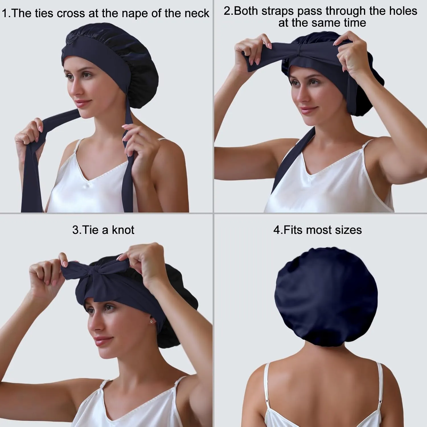 ZIMASILK 22 Momme 100% Mulberry Silk Bonnet for Sleeping Women Double Layer Silk Hair Wrap with Tie Band Stay On Head for Curly Hair Care (1Pc, Navyblue)