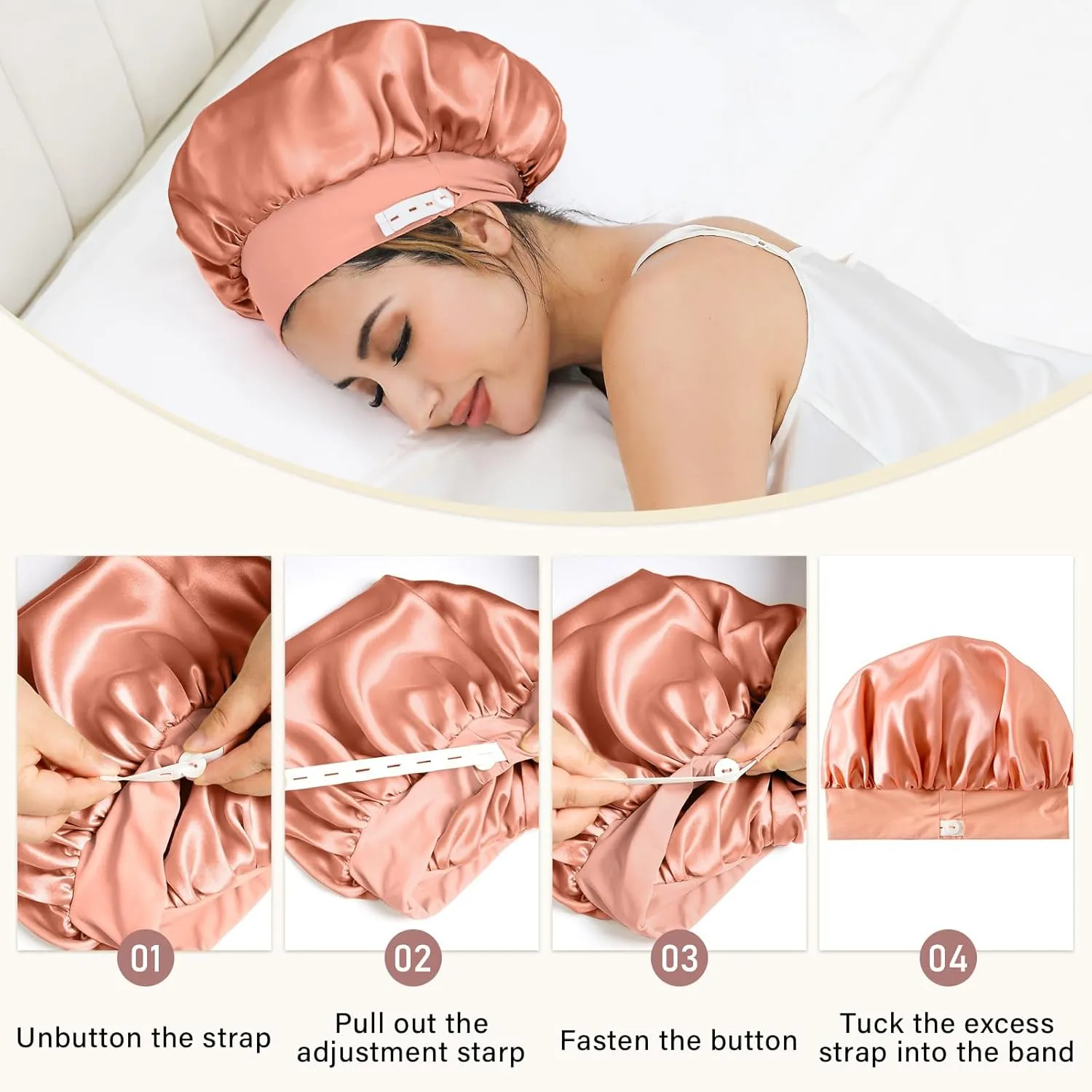 ZIMASILK Adjustable 100% Mulberry Silk Bonnet for Sleeping Women with Button Strap – Double Layer Silk Hair Bonnet, Luxury Night Cap for Hair & Skin Care (1Pc, Coral)