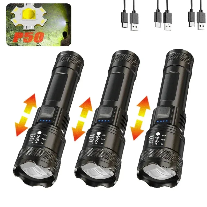 Zoom Flashlight USB Rechargeable Outdoor Camping