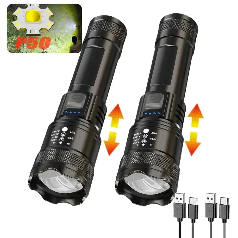 Zoom Flashlight USB Rechargeable Outdoor Camping