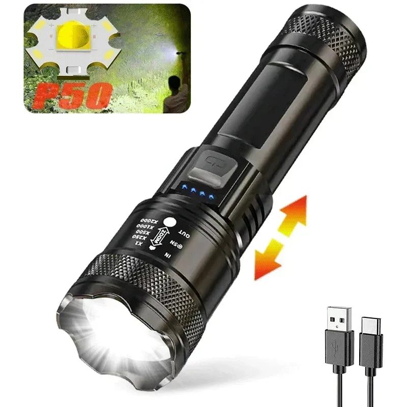 Zoom Flashlight USB Rechargeable Outdoor Camping